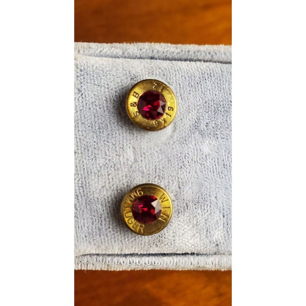 Stud Bullet Earrings, One style, Red center diamond Ruger 9mm WIN